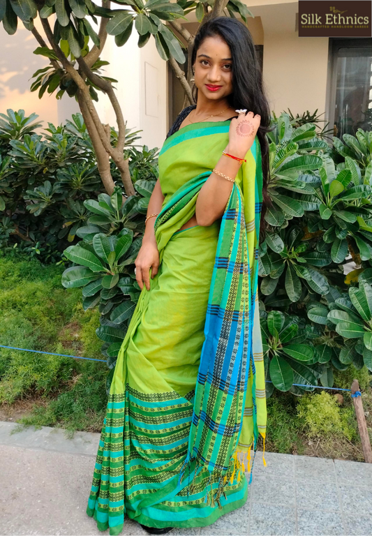 Lime green temple thread border saree