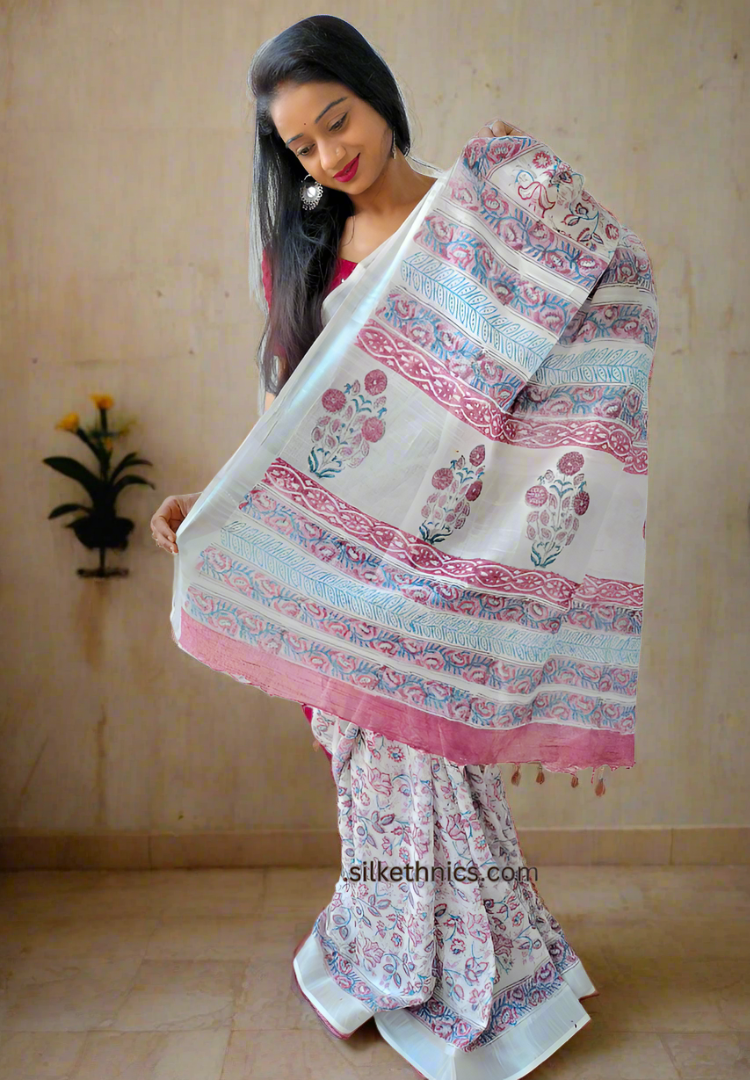 Daisy white floral printed Linen saree