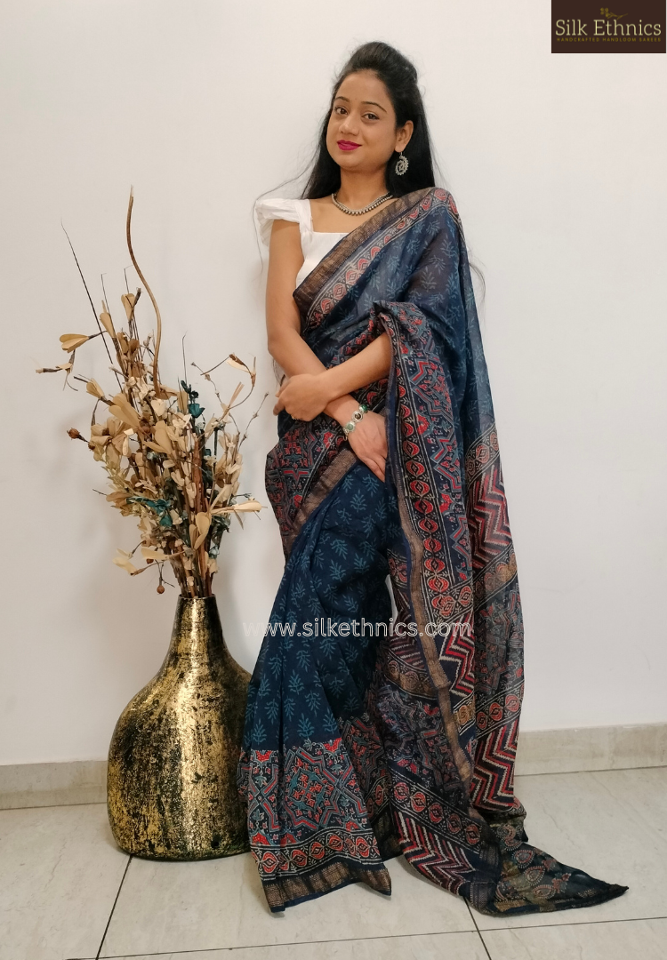 Ajrakh Maheswari silk saree