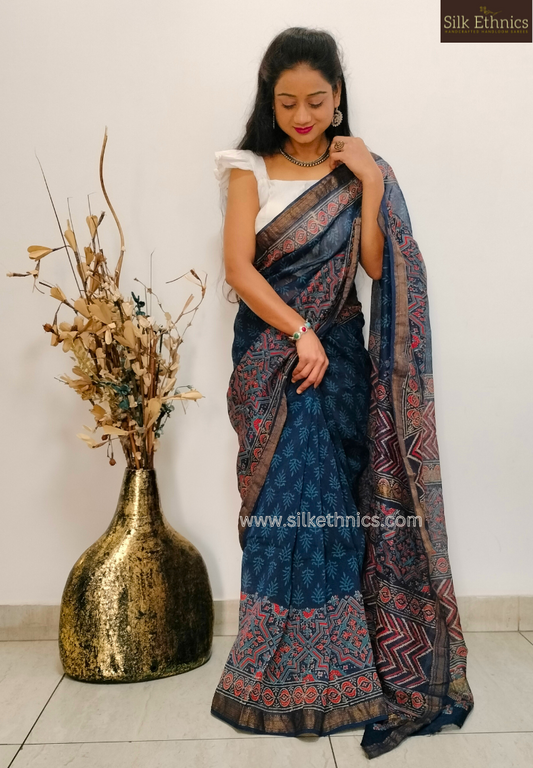 Ajrakh Maheswari silk saree