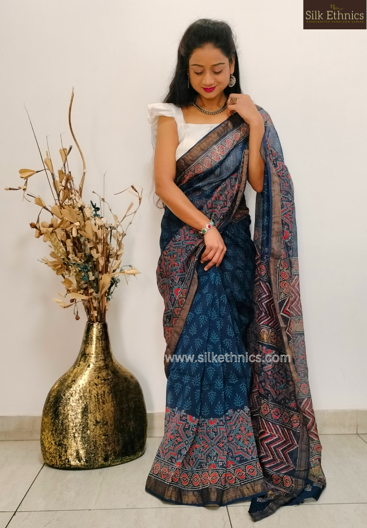 Ajrakh hand blockprinted Maheshwari silk saree
