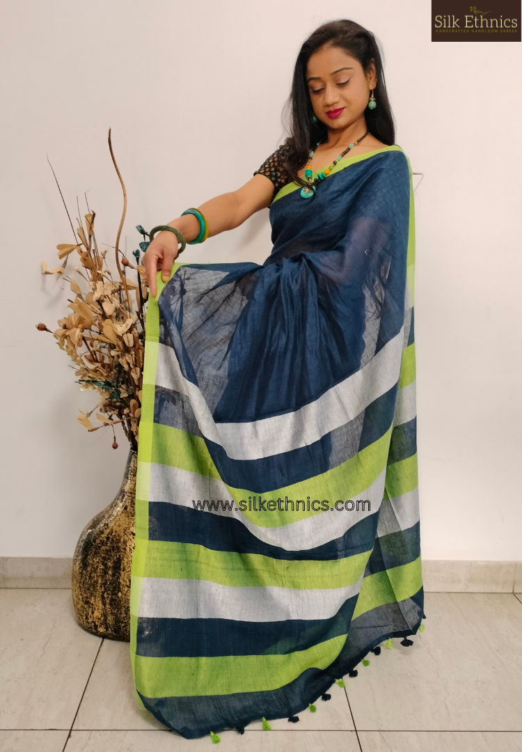 Blue green whispers Varnika linen saree