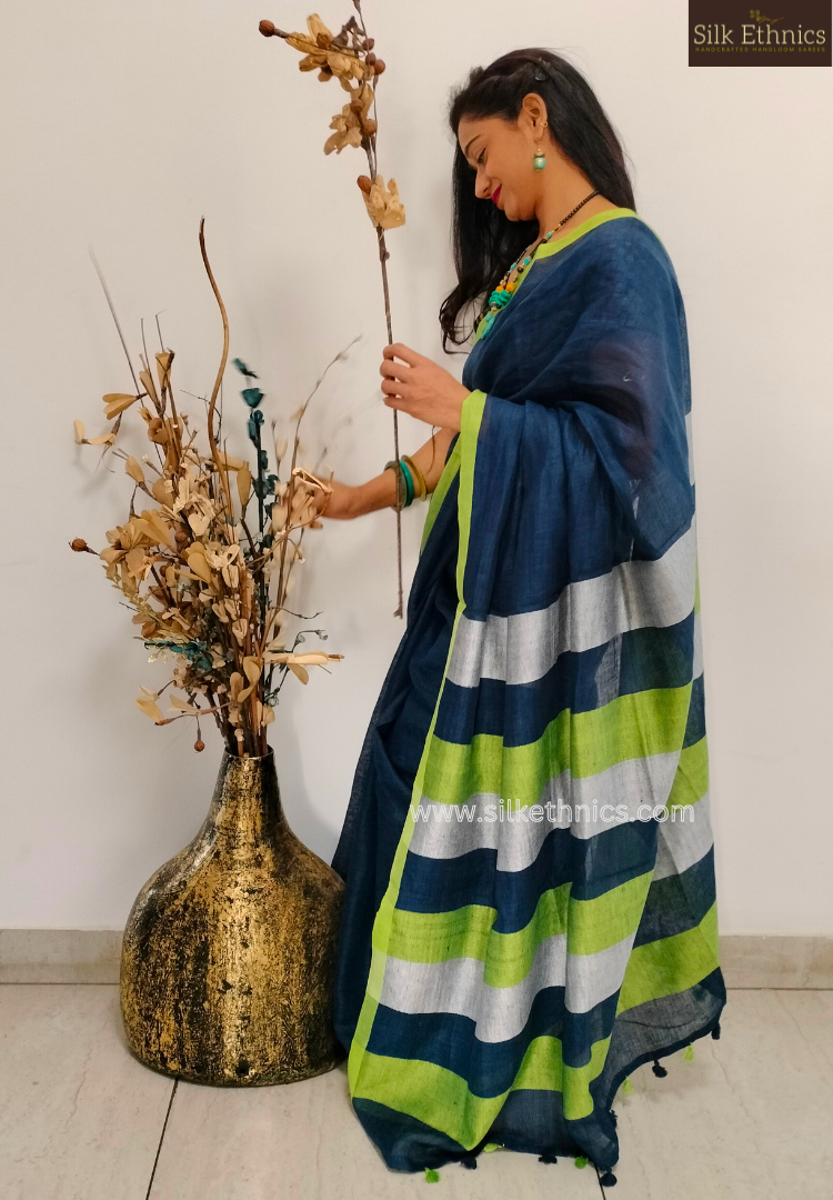 Blue green whispers Varnika linen saree