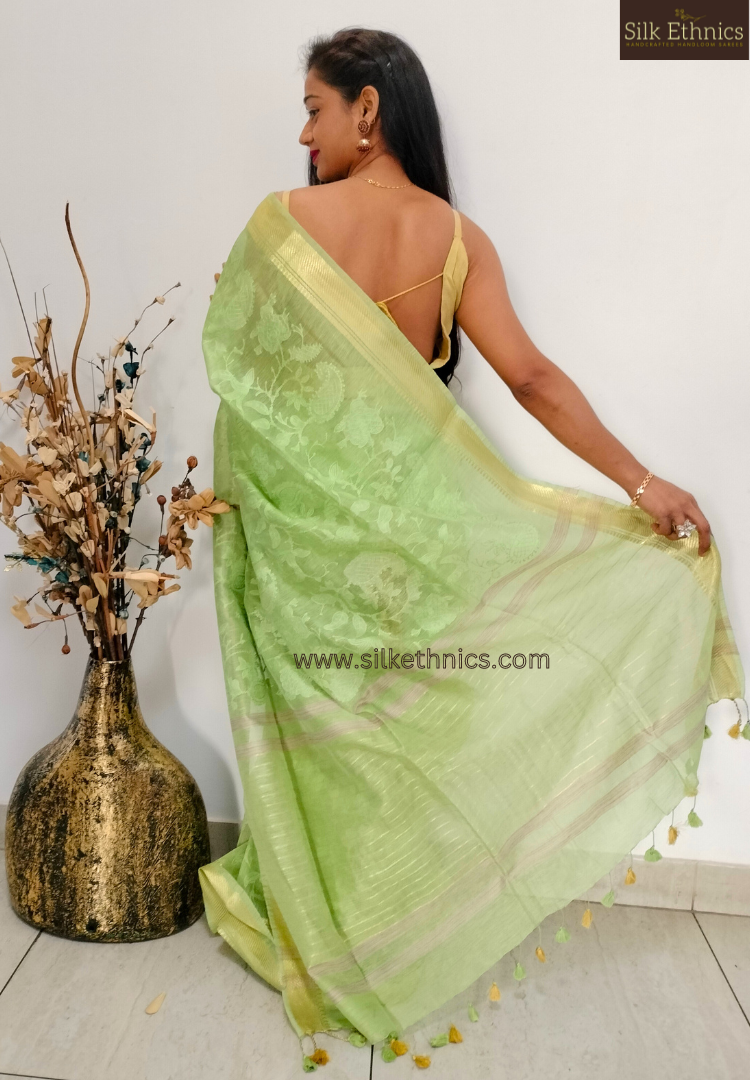 Golden pistachio pure linen saree