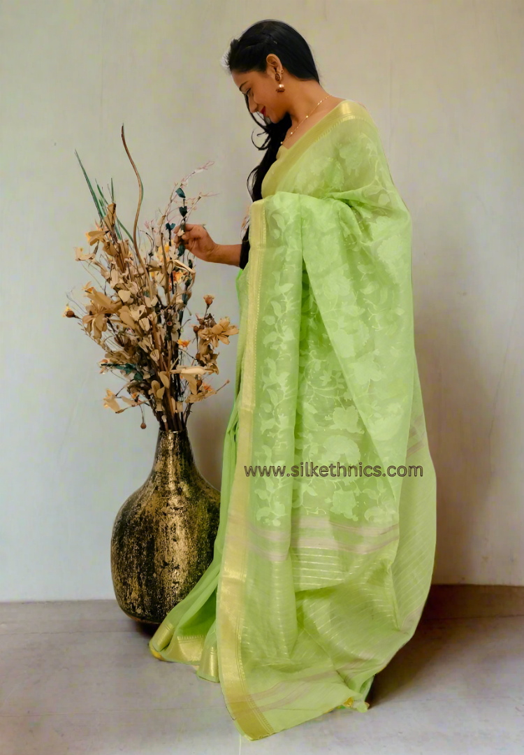 Golden pistachio pure linen saree