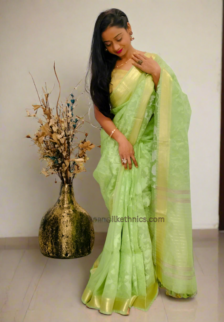 Golden pistachio pure linen saree