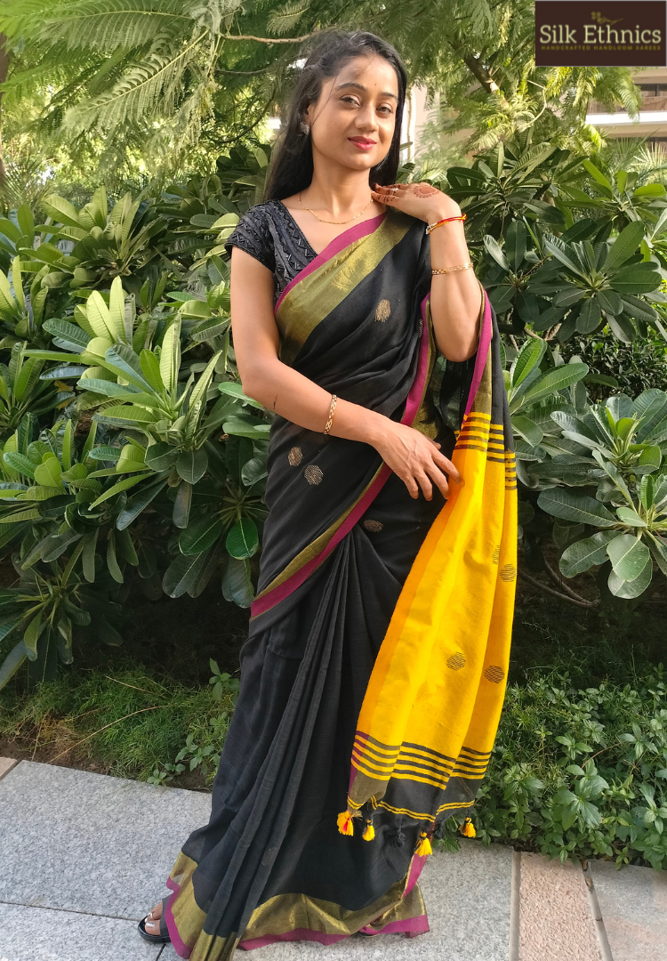 Black and gold khadi weaving saree