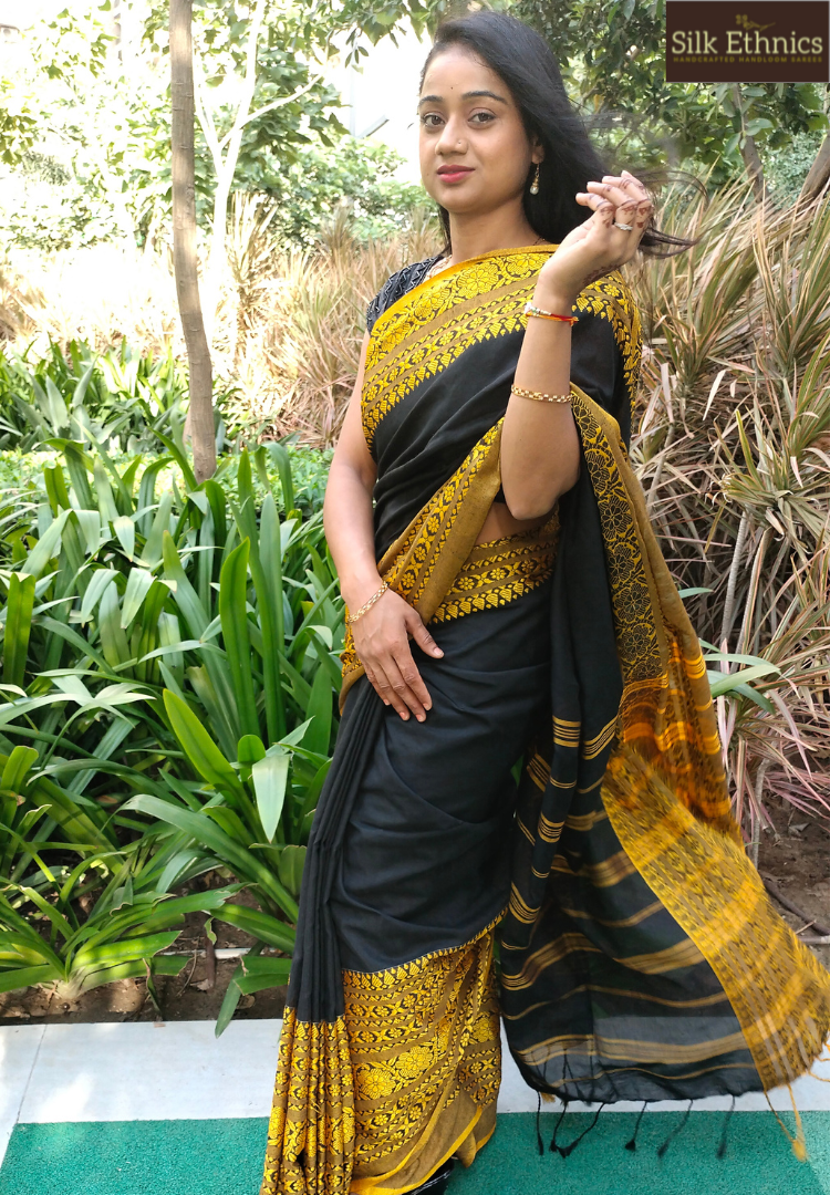 Black with yellow temple thread border saree