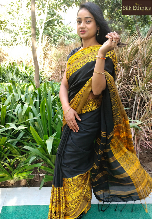 Black with yellow temple thread border saree