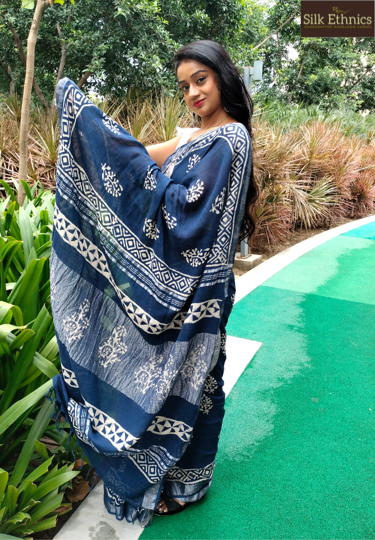 Indigo blue blockprinted Linen cotton saree