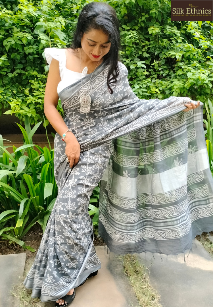 Silver grey Linen cotton saree