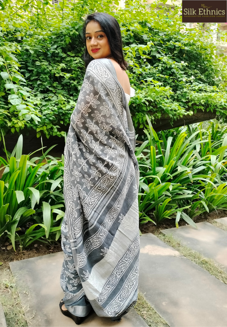 Silver grey Linen cotton saree