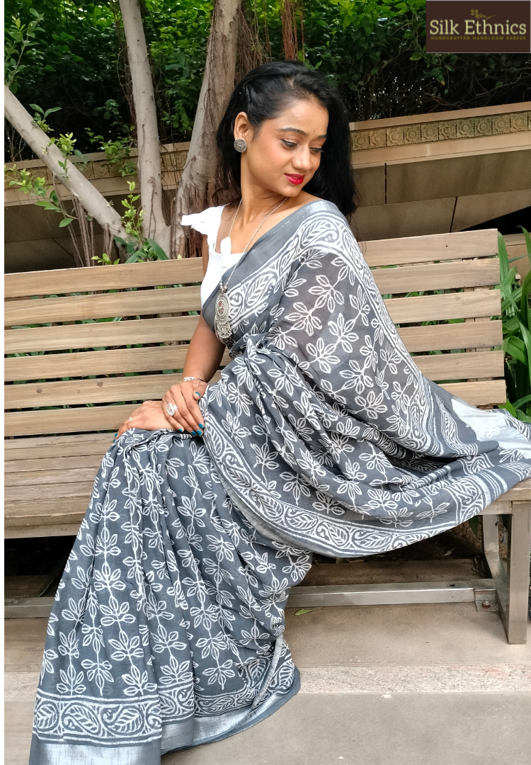 Silver grey Linen cotton saree