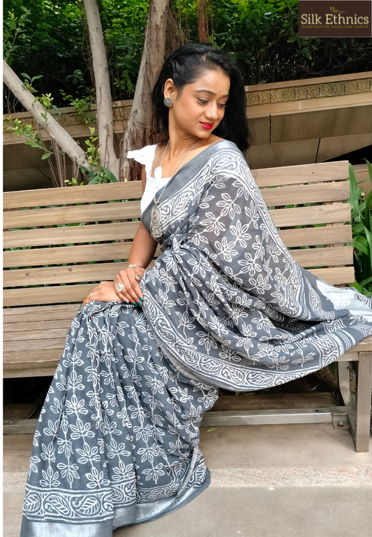 Silver grey Linen cotton saree