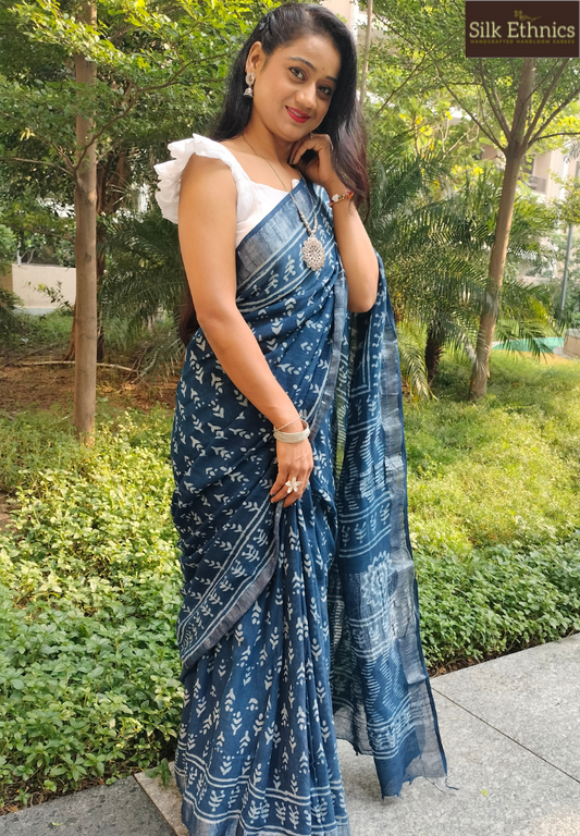 Indigo blue Linen cotton saree