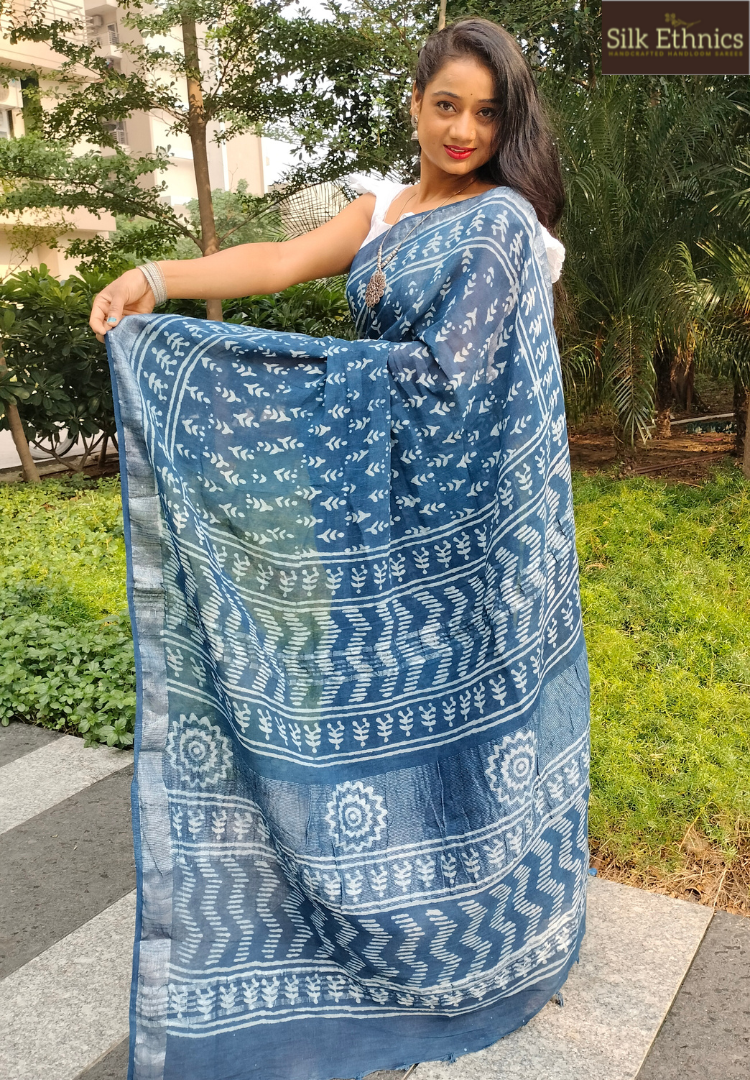 Indigo blue Linen cotton saree