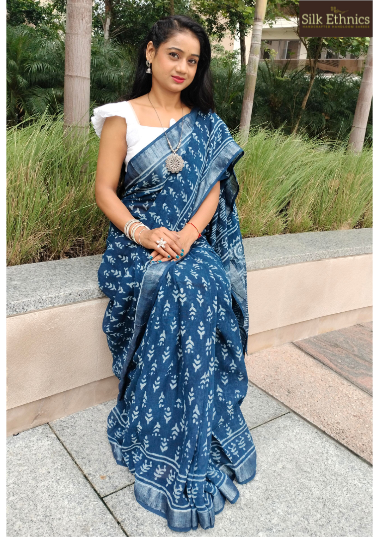 Indigo blue Linen cotton saree