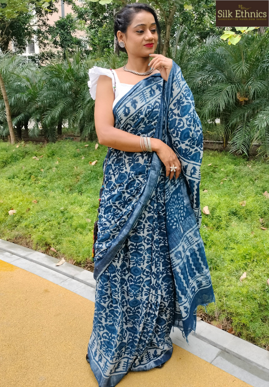 Floral Indigo Linen cotton saree