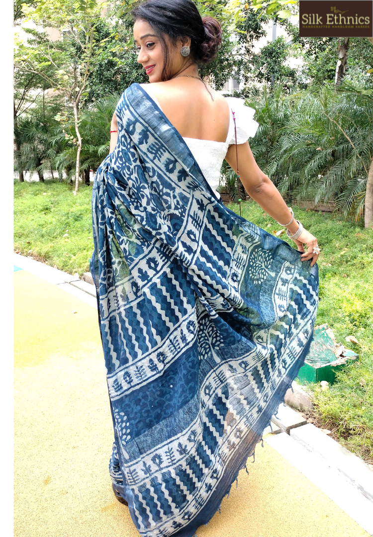 Floral Indigo Linen cotton saree