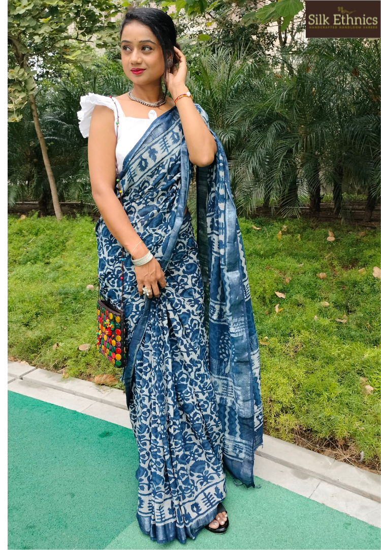 Floral Indigo Linen cotton saree