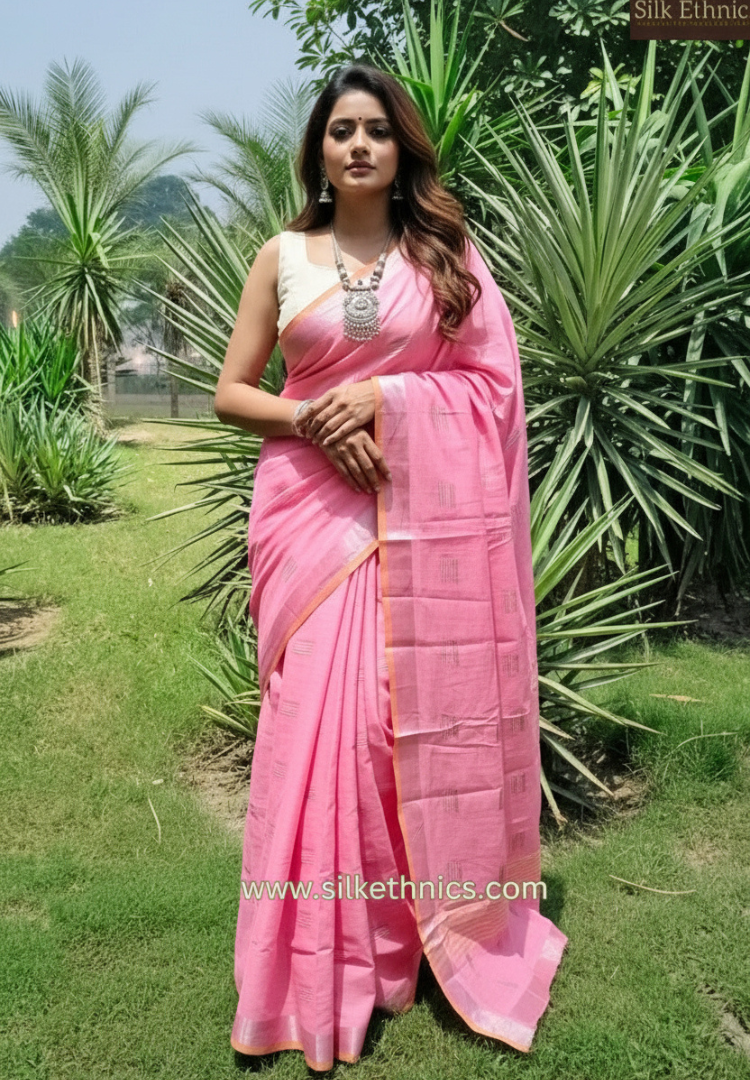 Pastel pink slub linen saree