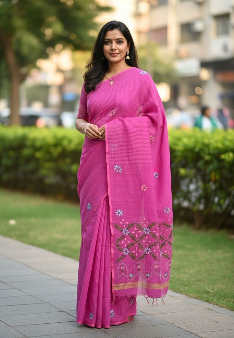 Hot Pink pure cotton saree with Parsi Bullion knot stitch