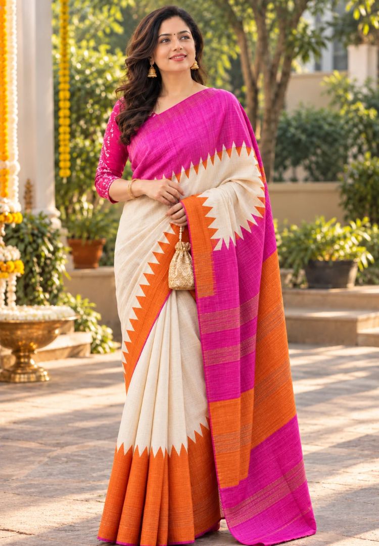 Fuchsia and Orange handloom Gicha Tussar silk saree