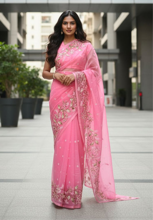 Pastel pink Gul bahaar organza saree