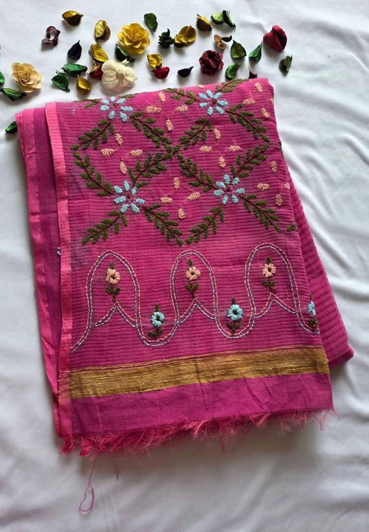 Hot Pink pure cotton saree with Parsi Bullion knot stitch