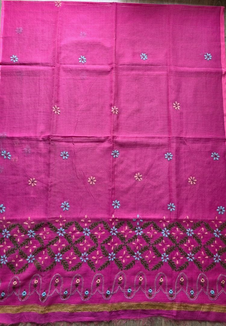 Hot Pink pure cotton saree with Parsi Bullion knot stitch