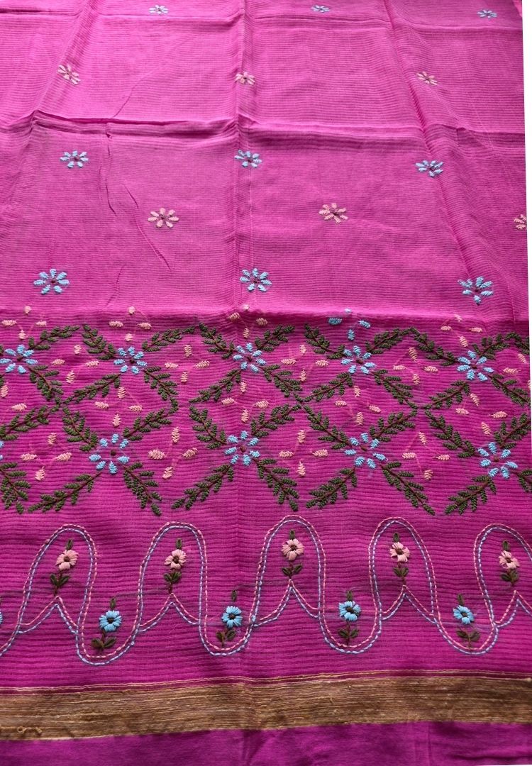 Hot Pink pure cotton saree with Parsi Bullion knot stitch