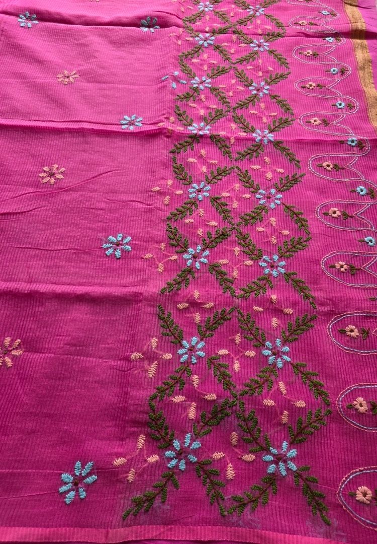 Hot Pink pure cotton saree with Parsi Bullion knot stitch