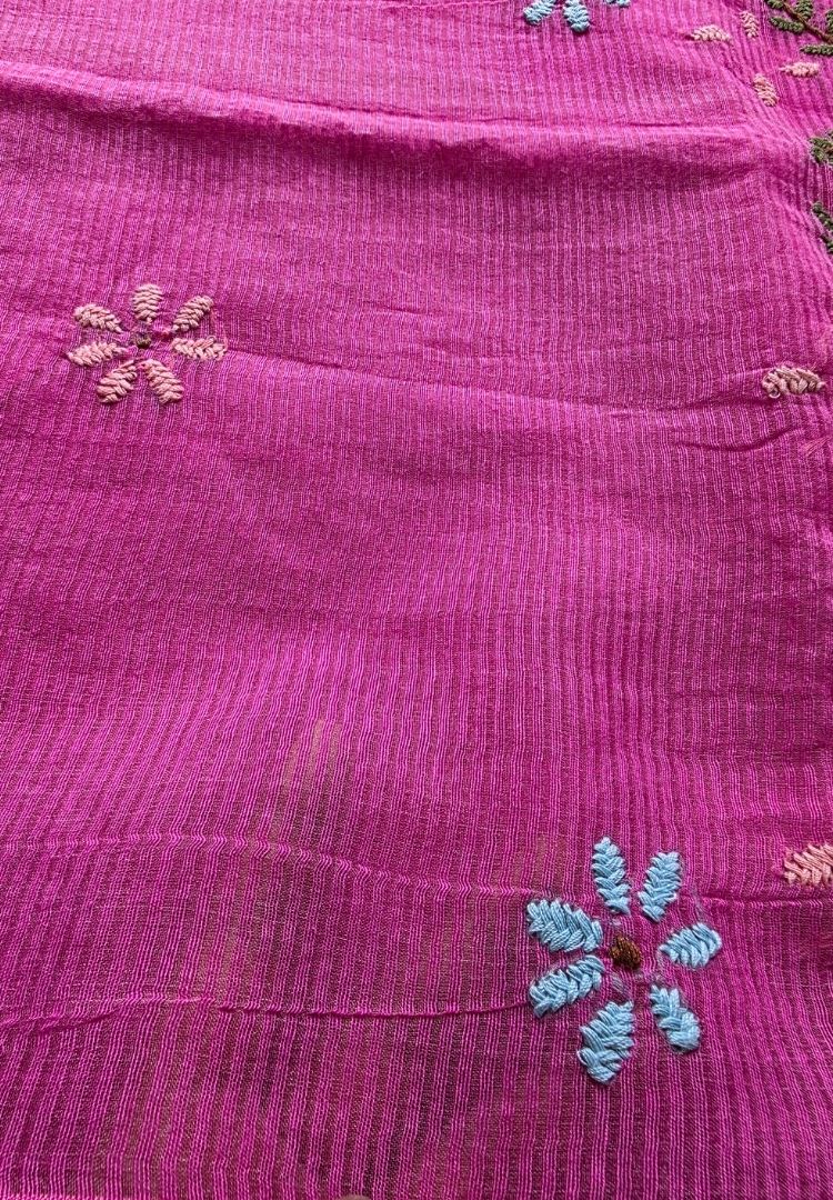 Hot Pink pure cotton saree with Parsi Bullion knot stitch