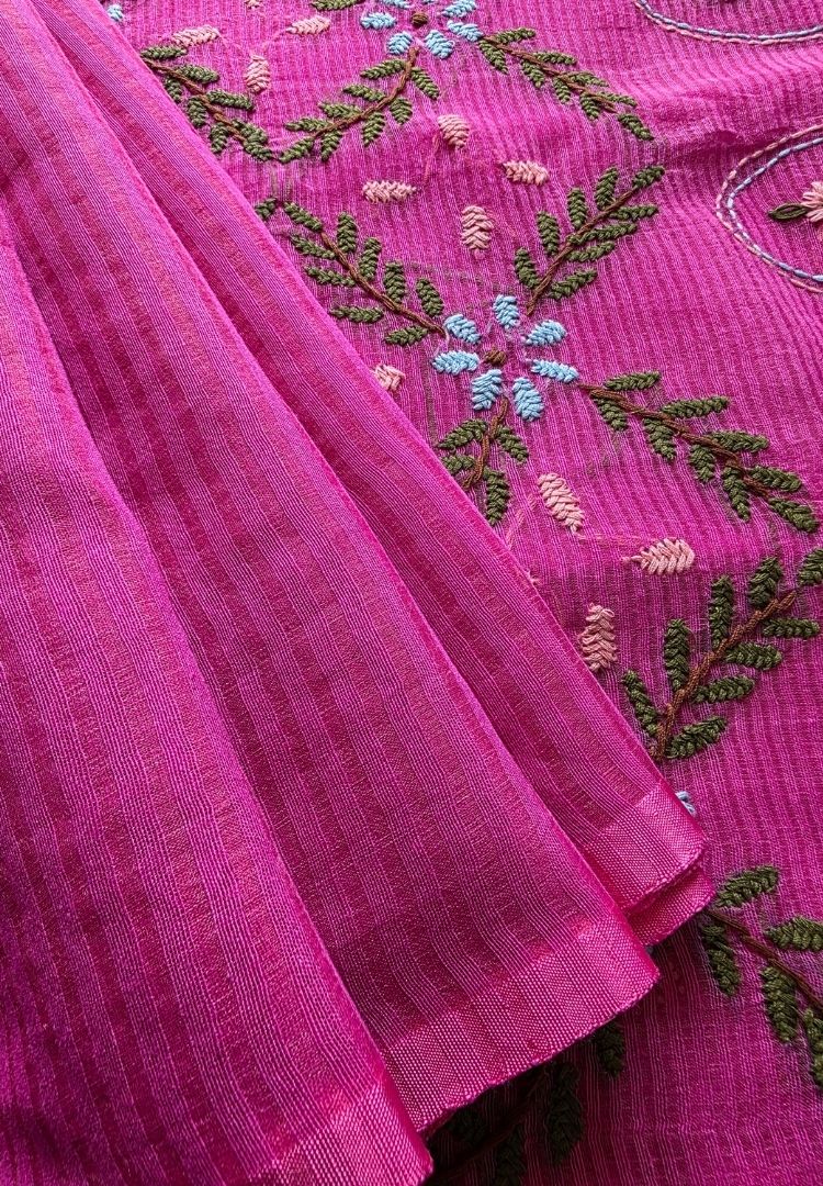 Hot Pink pure cotton saree with Parsi Bullion knot stitch