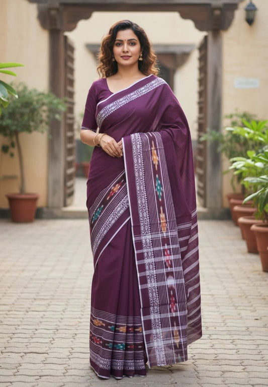 Plum purple Ikkat weaving Dhaniakhali handloiom saree