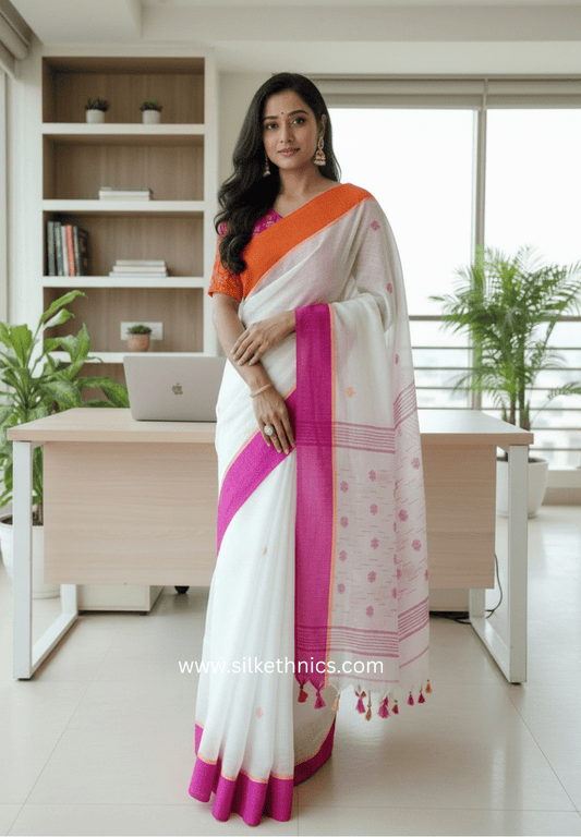 Powder white Aakriti Linen saree