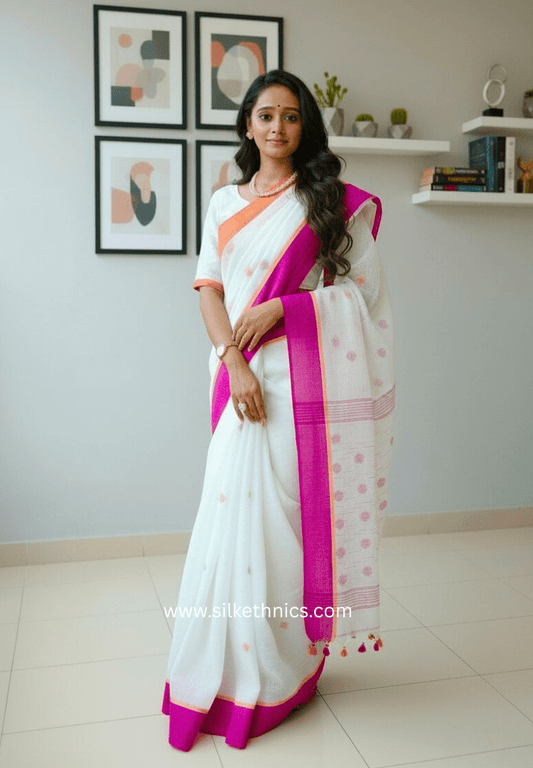 Powder white Aakriti Linen saree