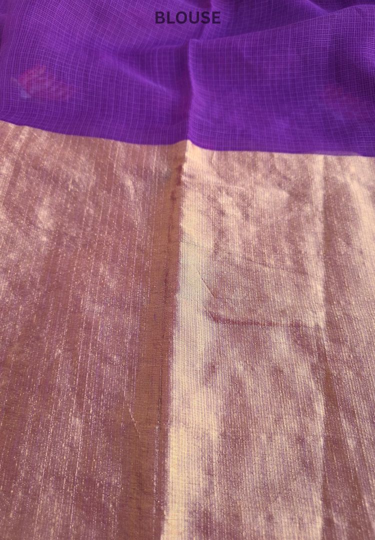 Gold zari border and lavender body of the soft Kota zari saree