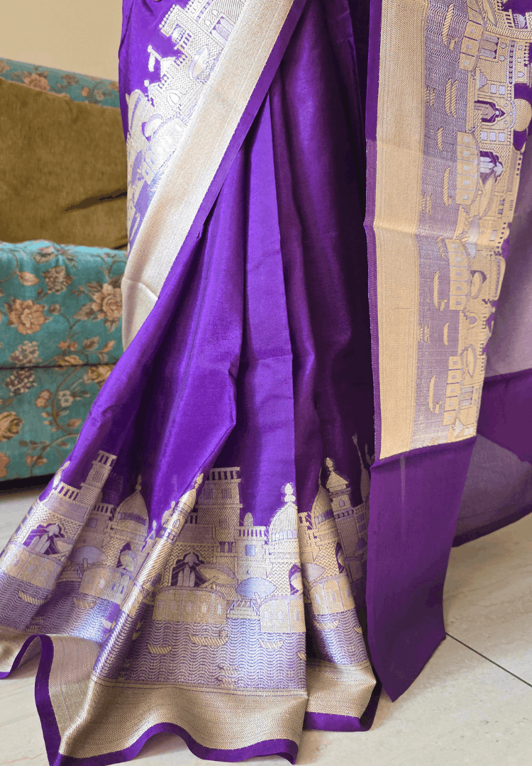 Royal Purple Ganga Ghat Banarasi silk saree