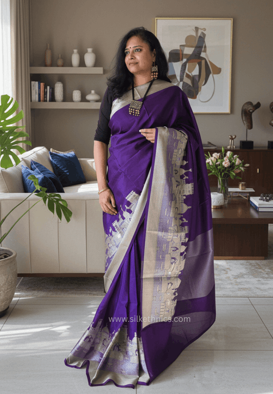 Royal Purple Ganga Ghat Banarasi silk saree