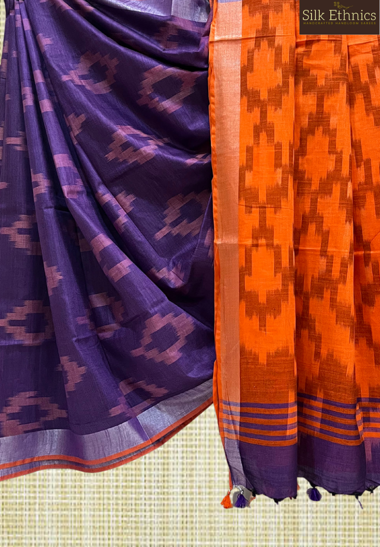 Purple and orange linen ikkat weaving saree