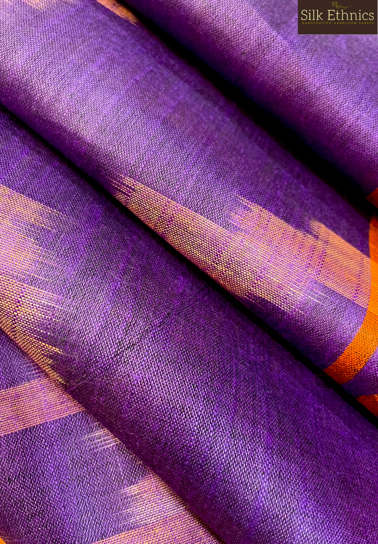 Purple and orange linen ikkat weaving saree