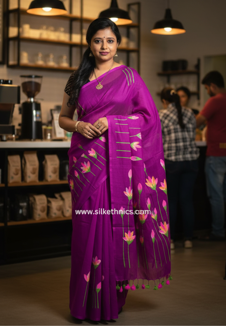 Purple handpainted mulcotton saree