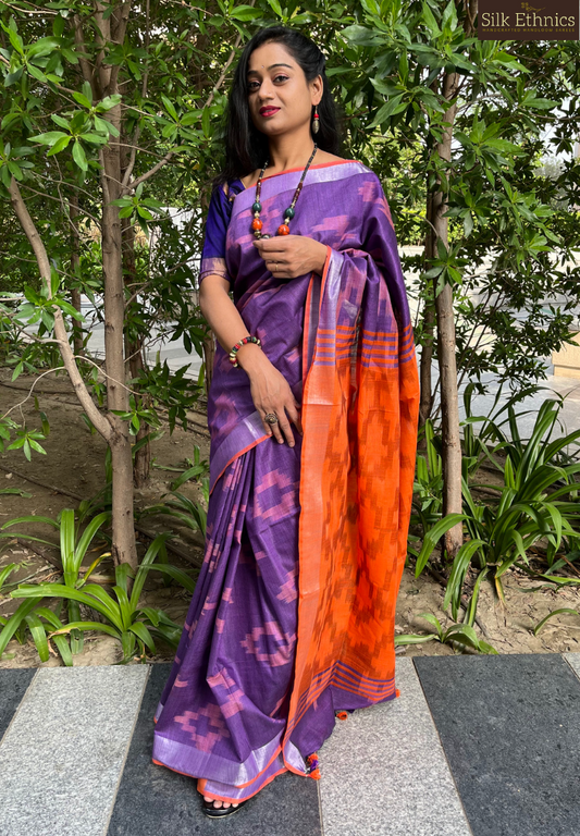 Purple and orange linen ikkat weaving saree