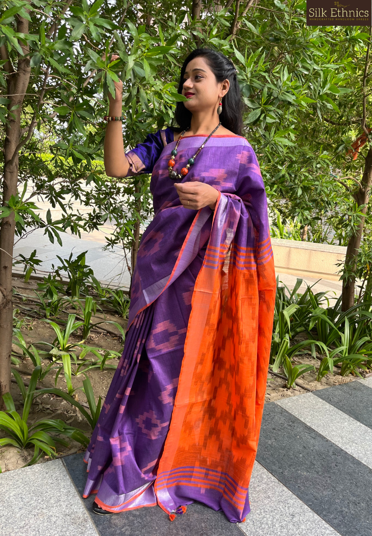 Purple and orange linen ikkat weaving saree