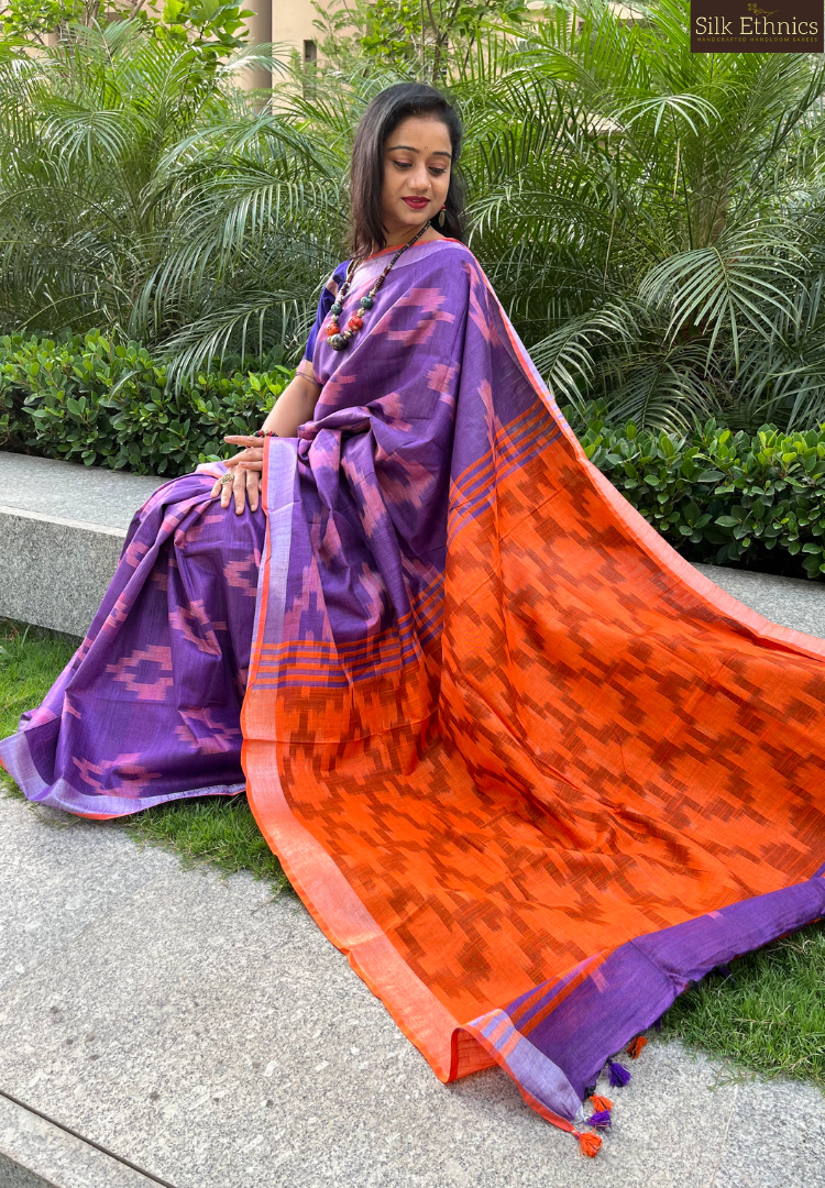 Purple and orange linen ikkat weaving saree