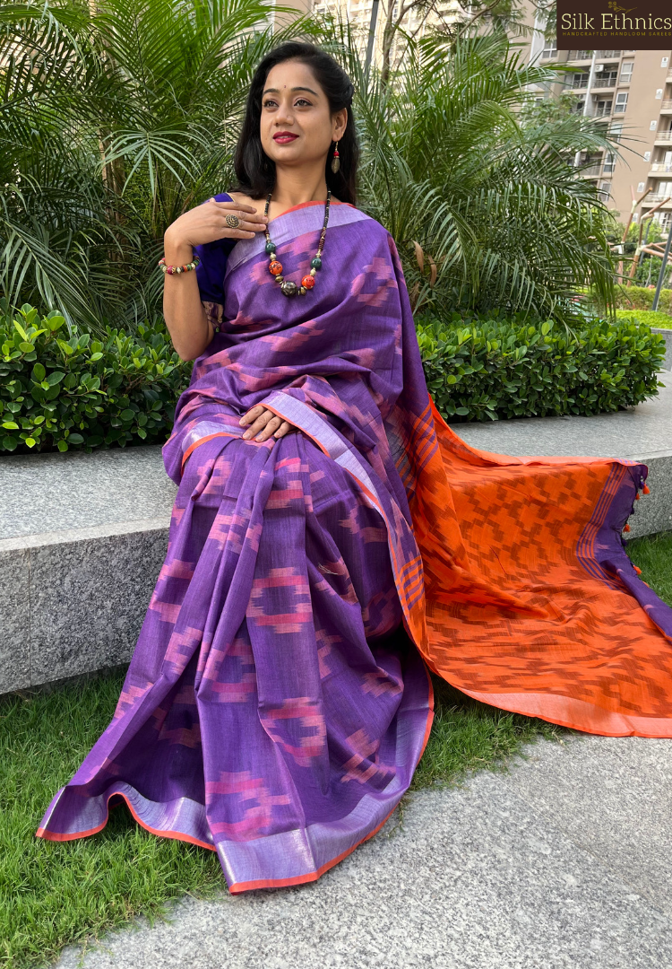 Purple and orange linen ikkat weaving saree