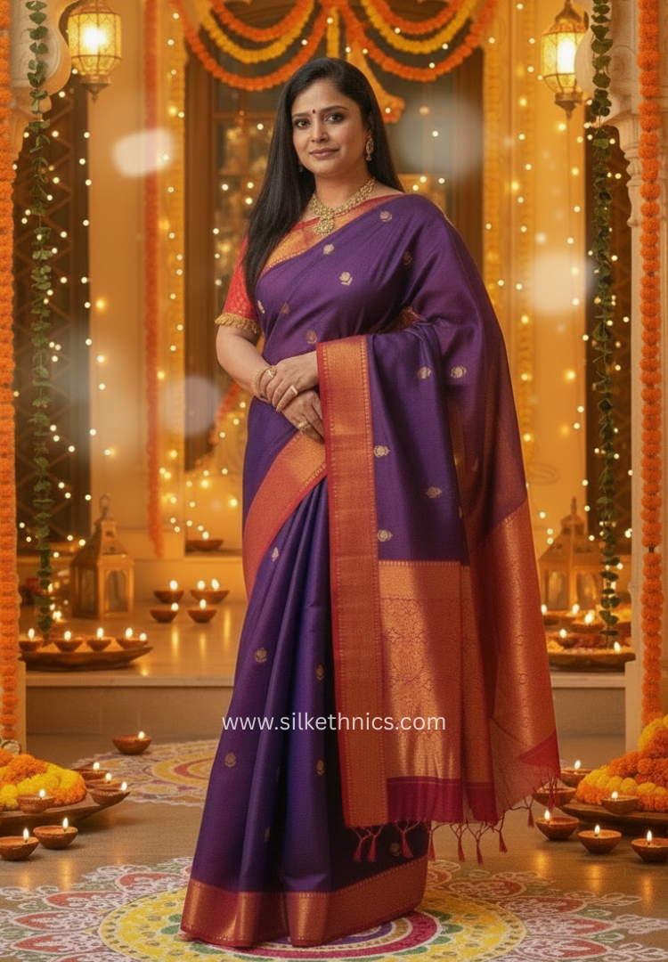Royal Purple & Red Maheshwari Handloom Silk saree