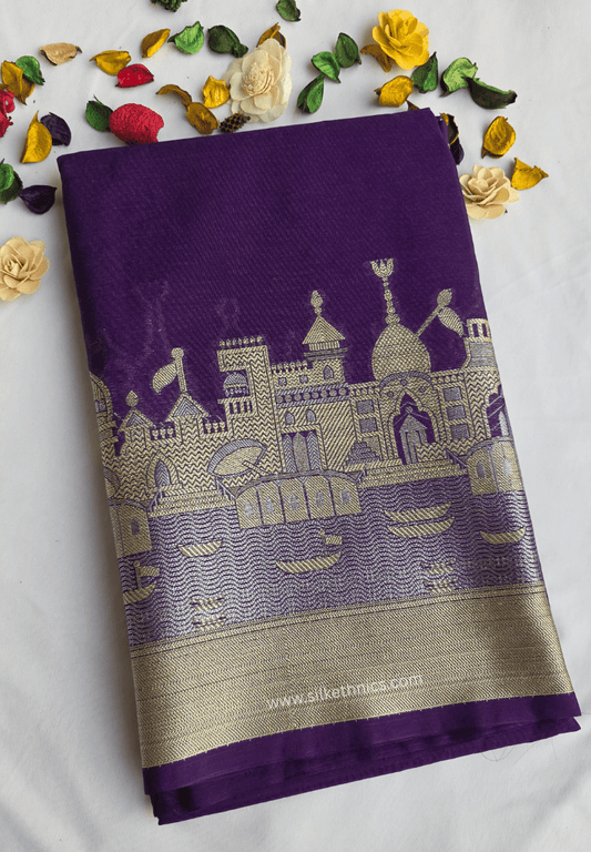 Royal Purple Ganga Ghat Banarasi silk saree