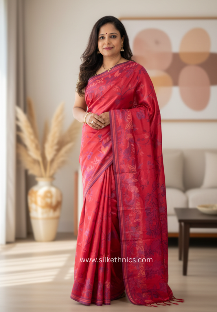 Crimson red Rajshahi silk saree